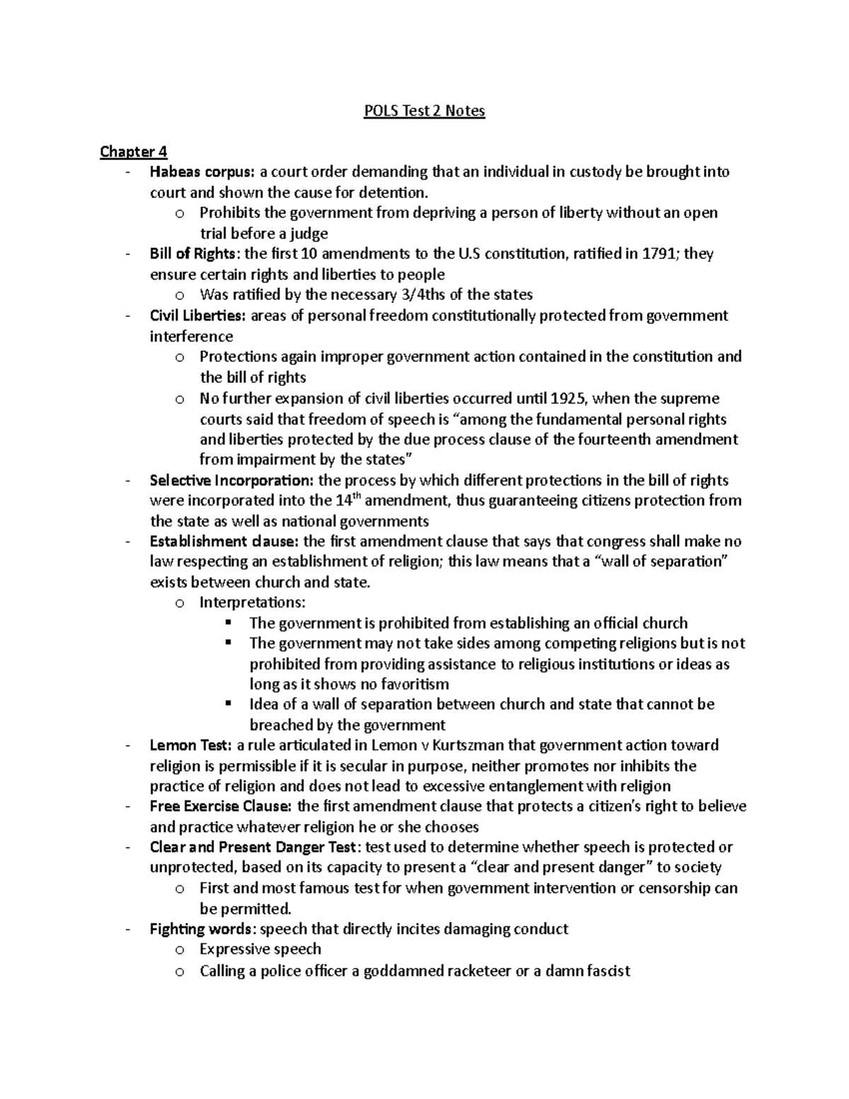 POLS Test 2 Notes - POLS Test 2 Notes Chapter 4 - Habeas corpus: a ...