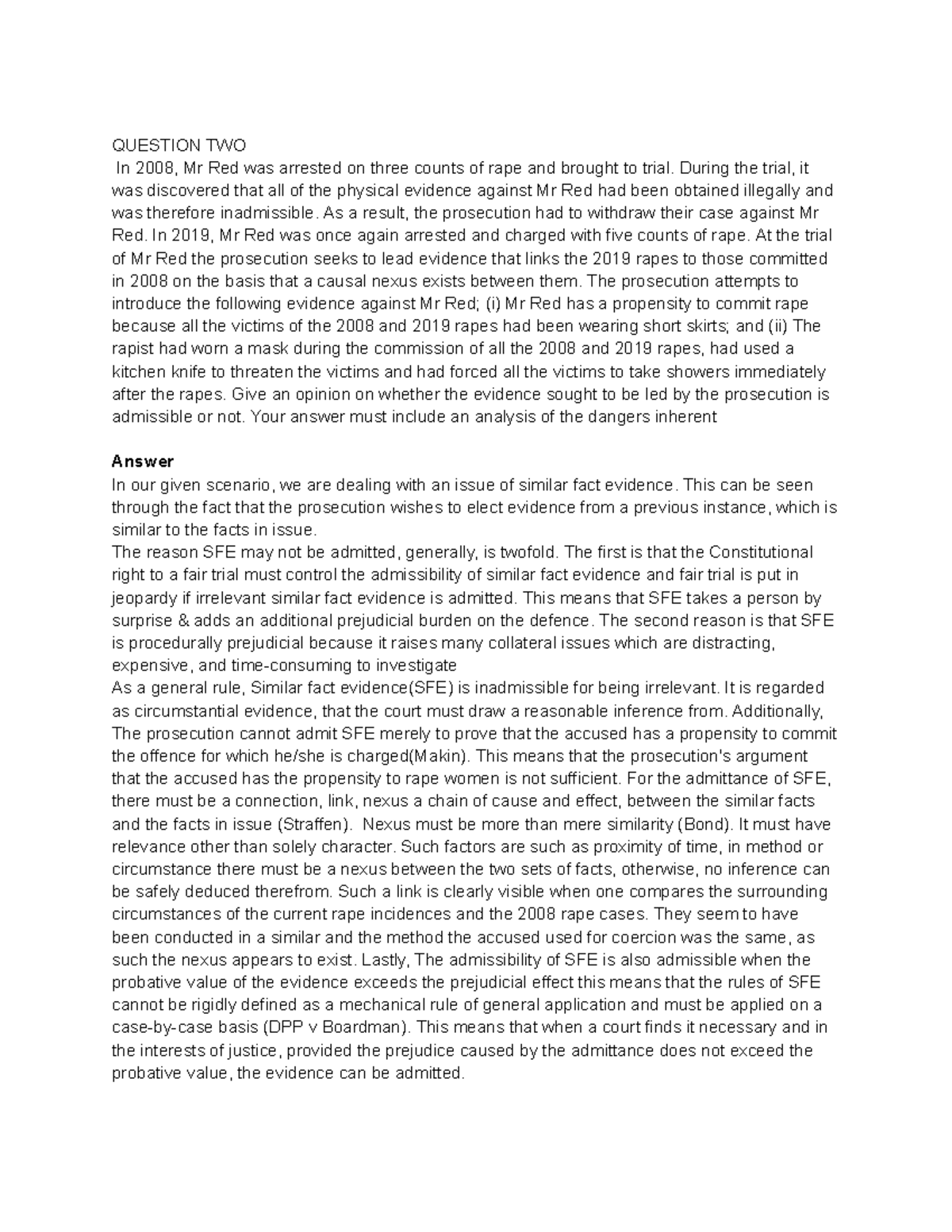 Evidence Finals notes - QUESTION TWO In 2008, Mr Red was arrested on ...