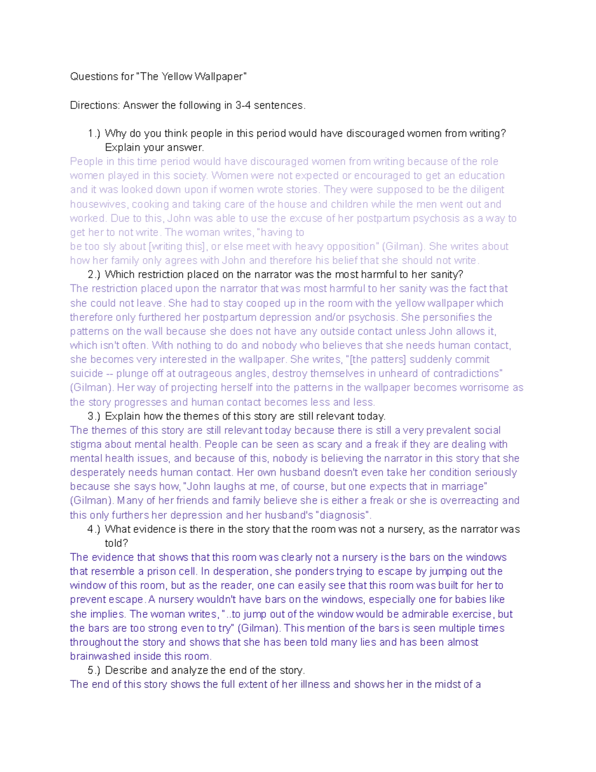 Analysis Questions for “The Yellow Wallpaper” Questions for “The