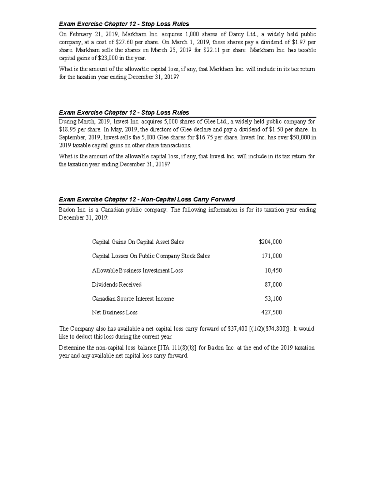 ACCT226 Chapter 12 Exam Exercise 2 Exam Exercise Chapter 12 Stop