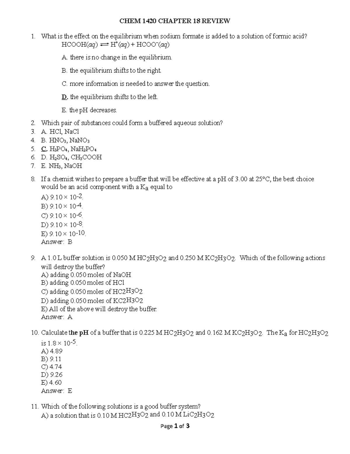 Chapter 18 Review - re - CHEM 1420 CHAPTER 18 REVIEW What is the effect ...