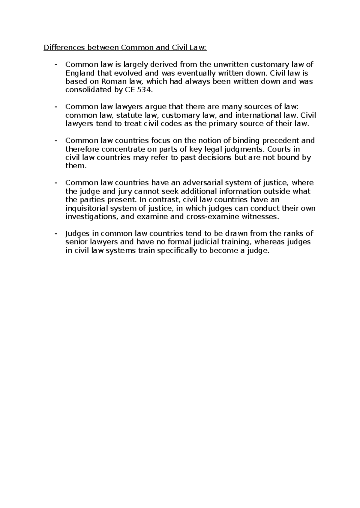 Differences between Common and Civil Law - Civil law is based on Roman ...