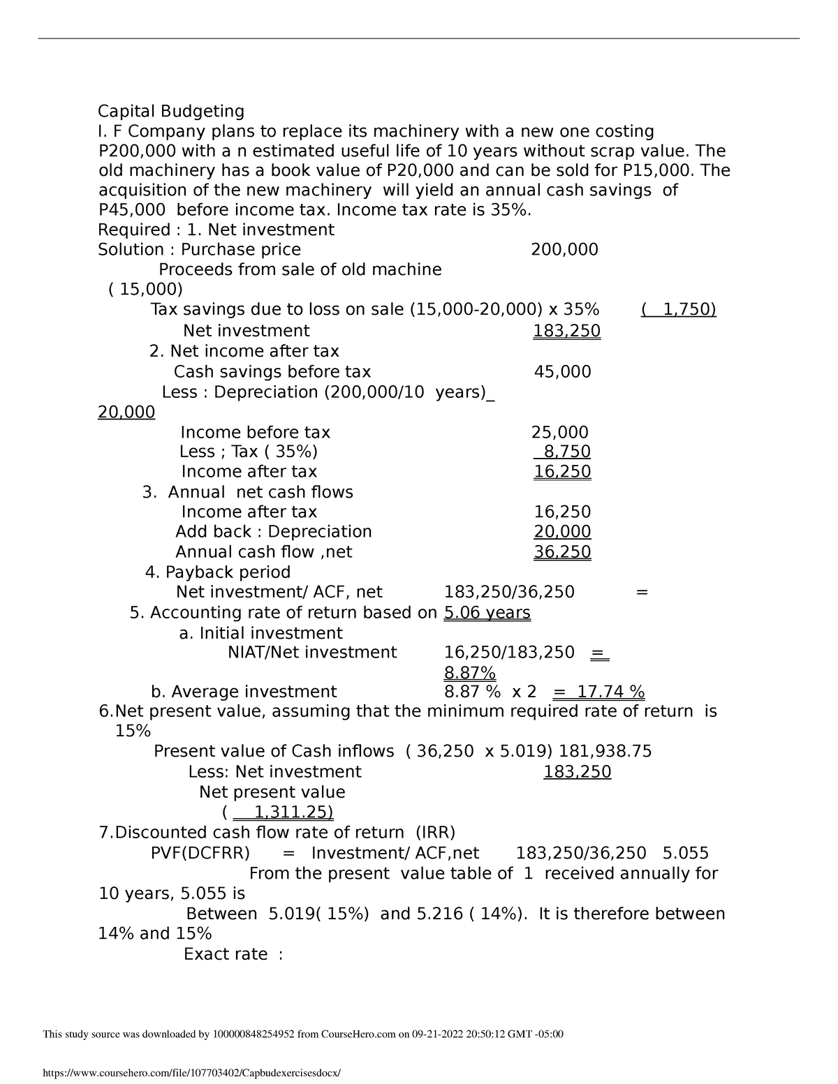 Capbudexercises - Capital Budgeting Exercises - Capital Budgeting I. F ...