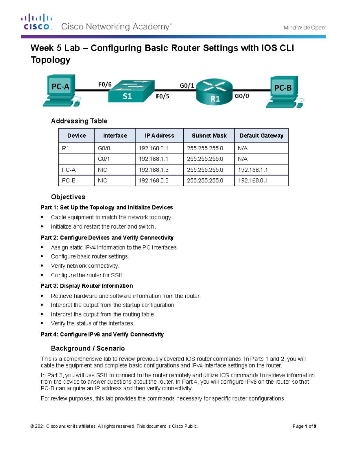 Week 5 Lab - Configuring Basic Router Settings With IOS CLI - 168.0 255.255.255 N/A G0/1 192.168 ...