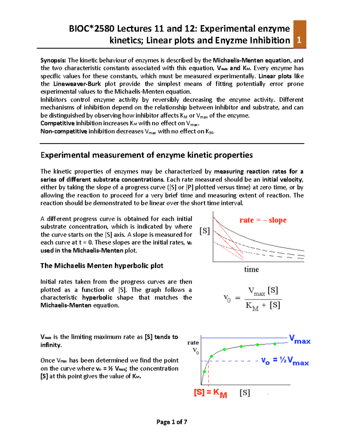 Lecture 11 & 12 -plots&inhib - kinetics; Linear plots and Enyzme ...