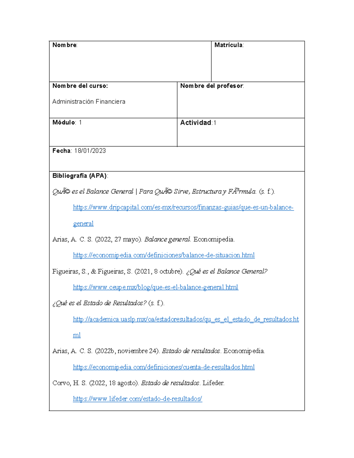 Actividad 1adm financiera - Nombre: Matrícula: Nombre del curso ...