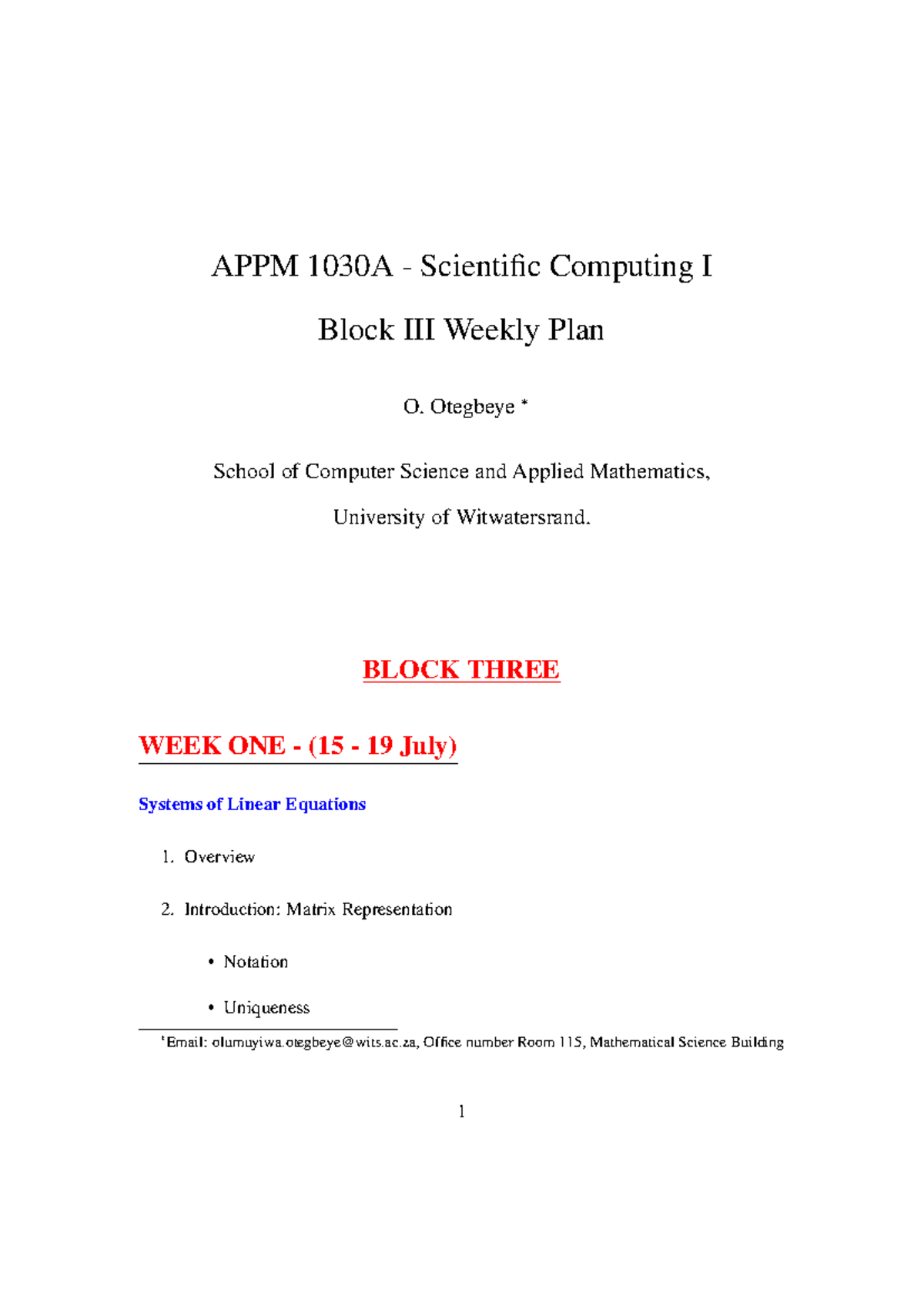 Weekly Plan Block Three - APPM 1030A - Scientific Computing I Block III ...