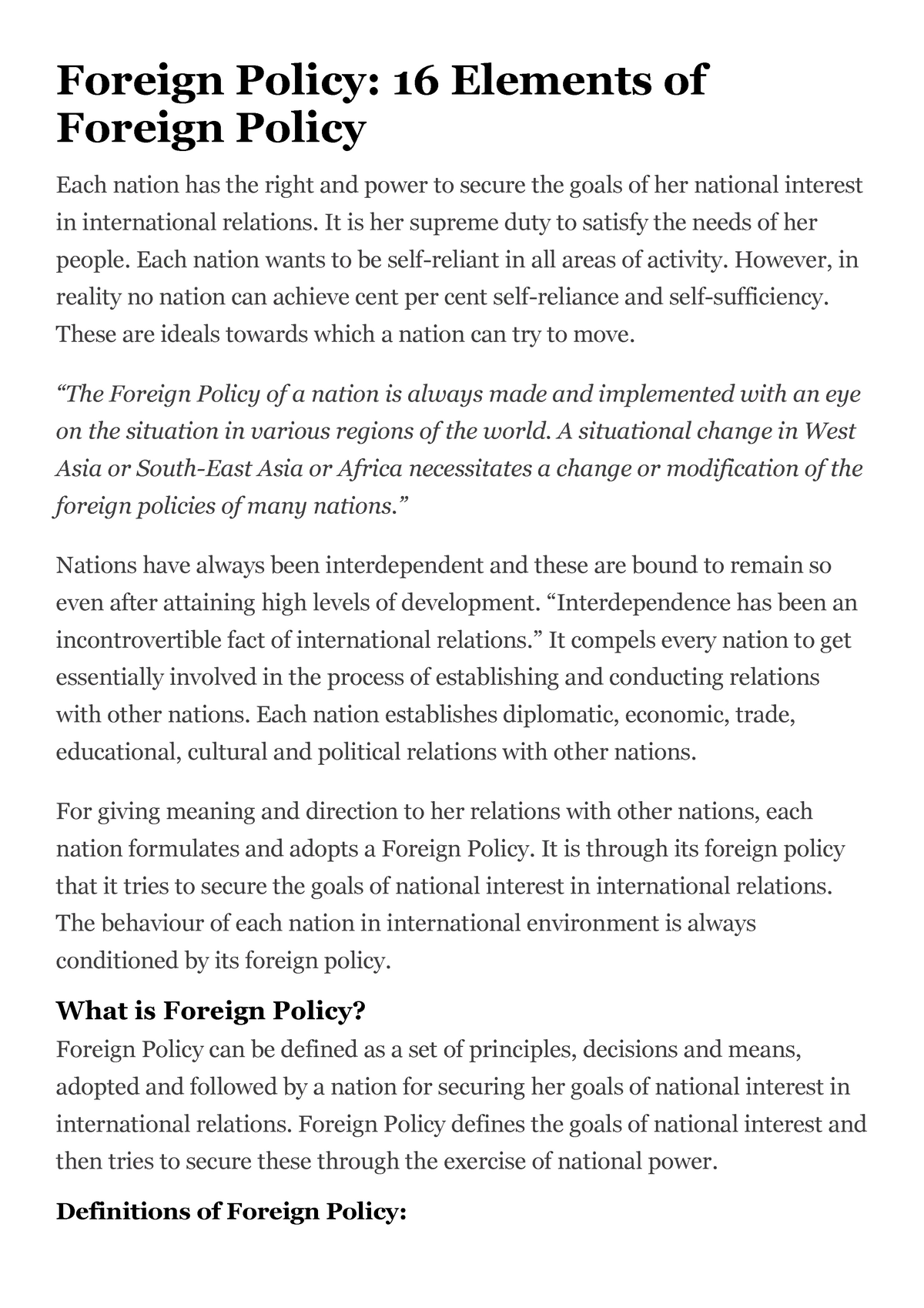 Foreign Policy Additional Notes Foreign Policy 16 Elements Of 