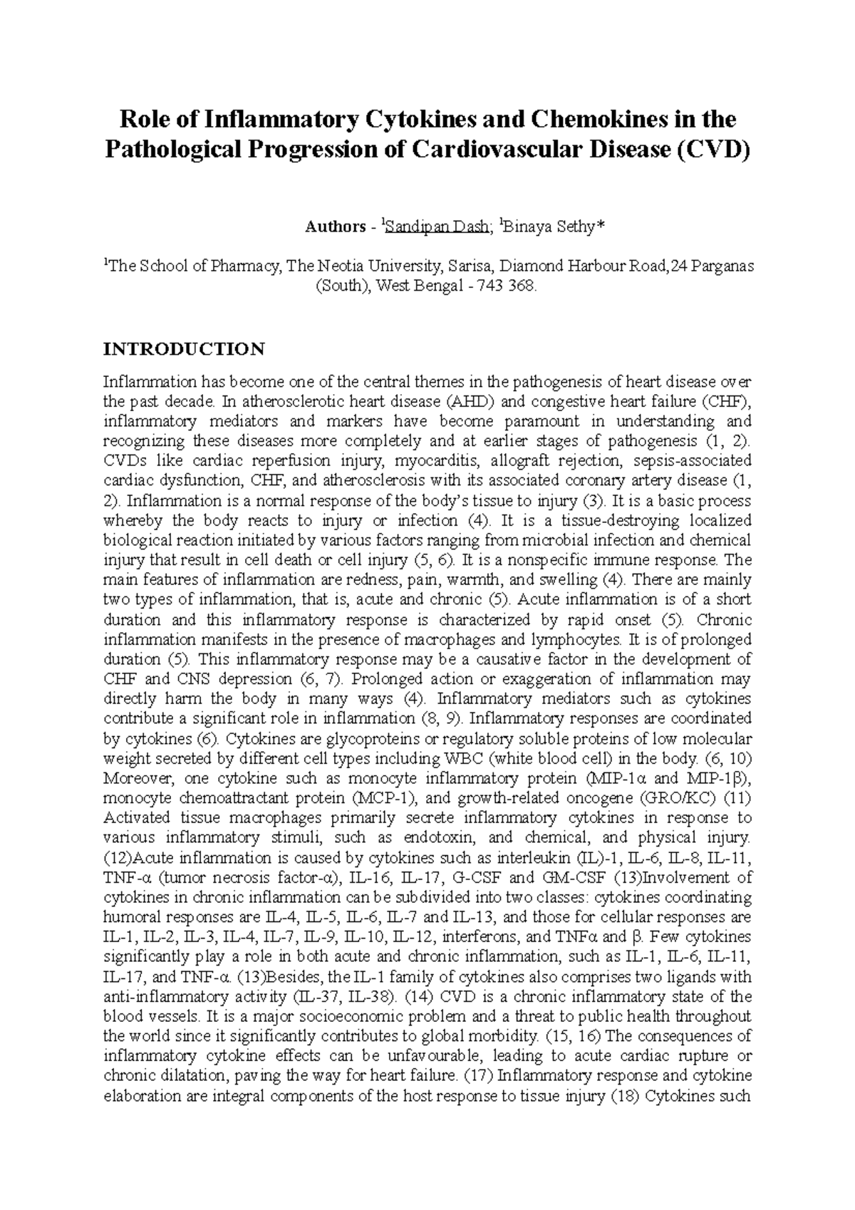 Role of Inflammatory Cytokines and Chemokines in the Pathological ...