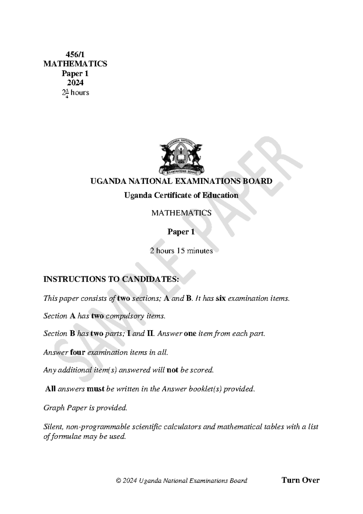 4561 Mathematics UNEB Sample Paper New Curriculum 2024 plus Scoring ...