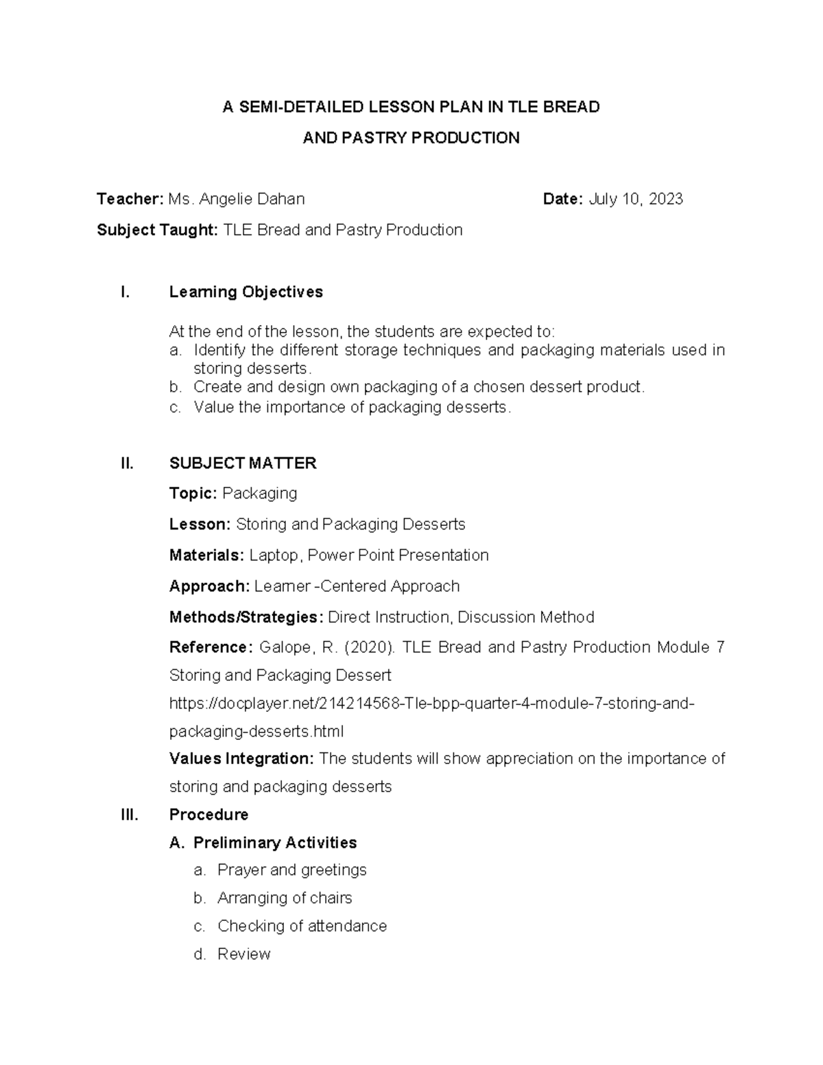 SEMI Detailed LP - A SEMI-DETAILED LESSON PLAN IN TLE BREAD AND PASTRY ...