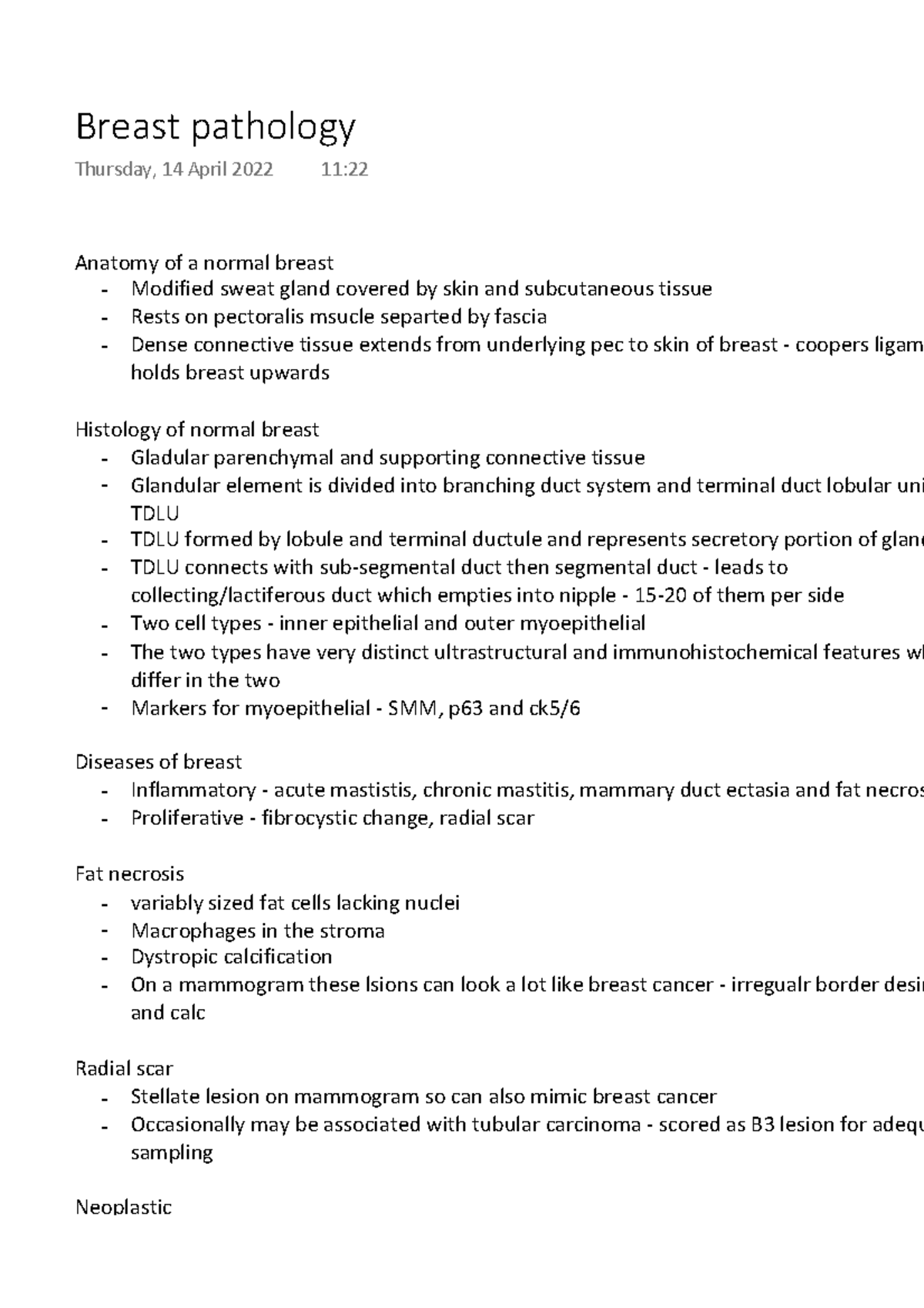 Breast Pathology - Detailed Notes From Lecture Including Learning ...