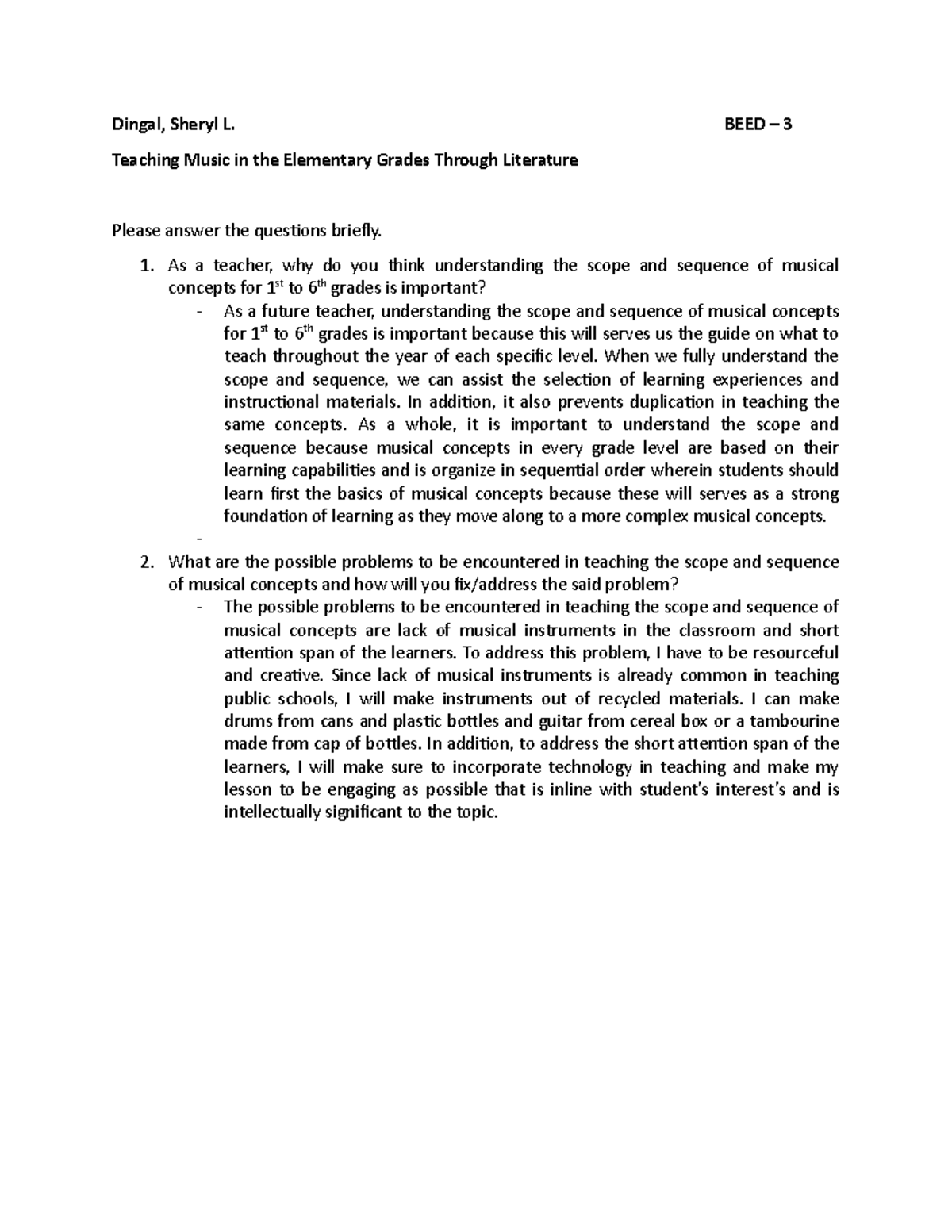 (Scope and Sequence Activity) Dingal, Sheryl L. BEED 3 Teaching