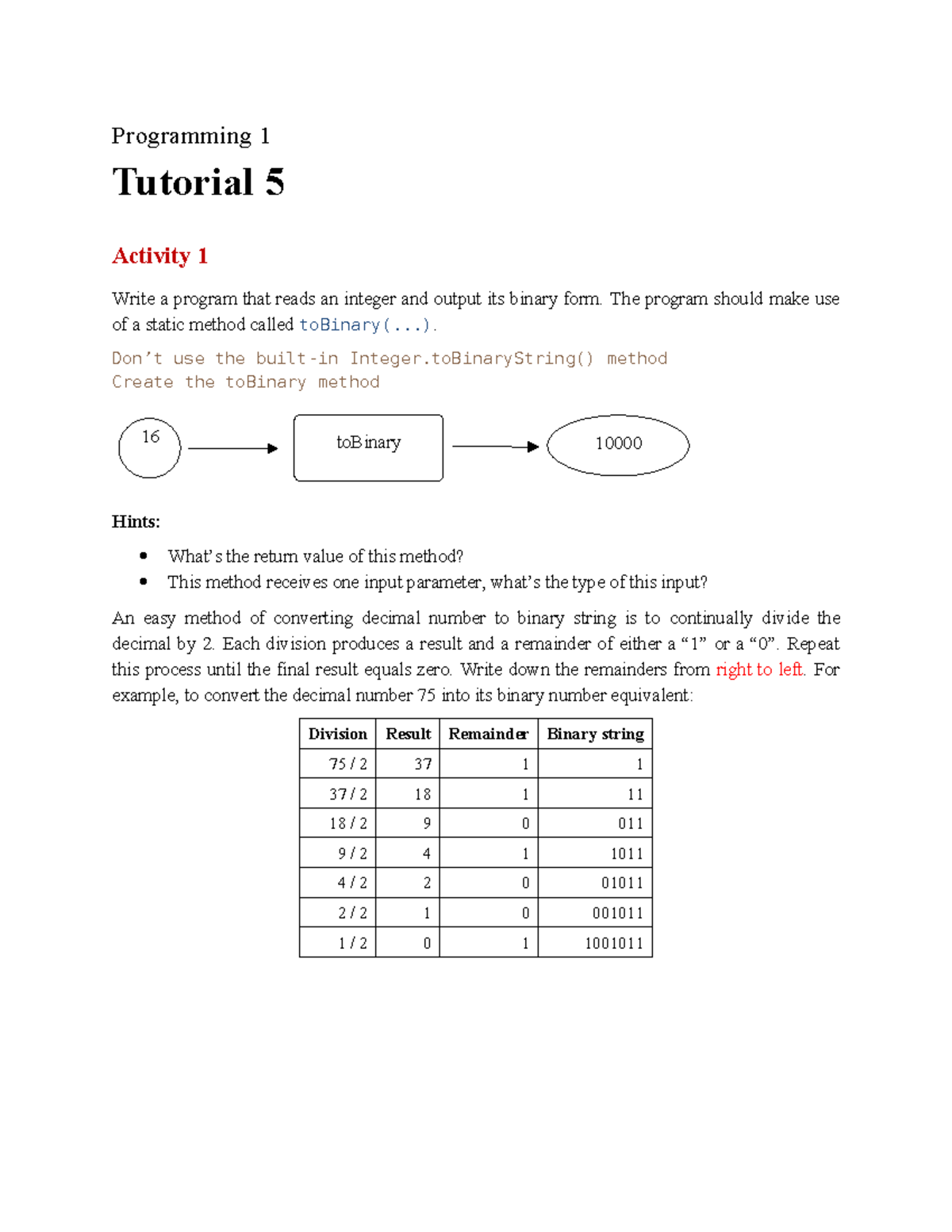 Tutorial 5 - Tut5 - Programming 1 Tutorial 5 Activity 1 Write a program ...