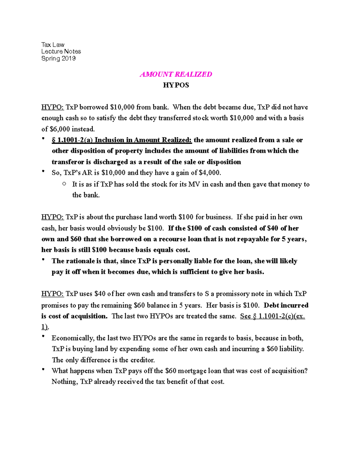 Amount Realized Hypos Lecture notes 1 Tax Law Lecture Notes Spring