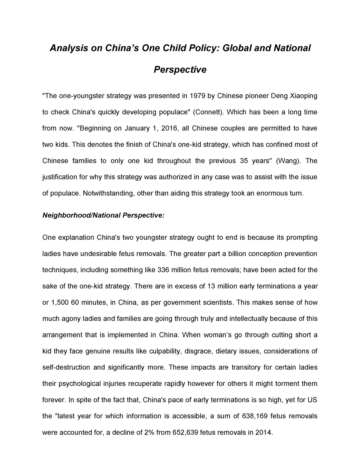 Analysis on China’s One Child Policy Global and National Perspective