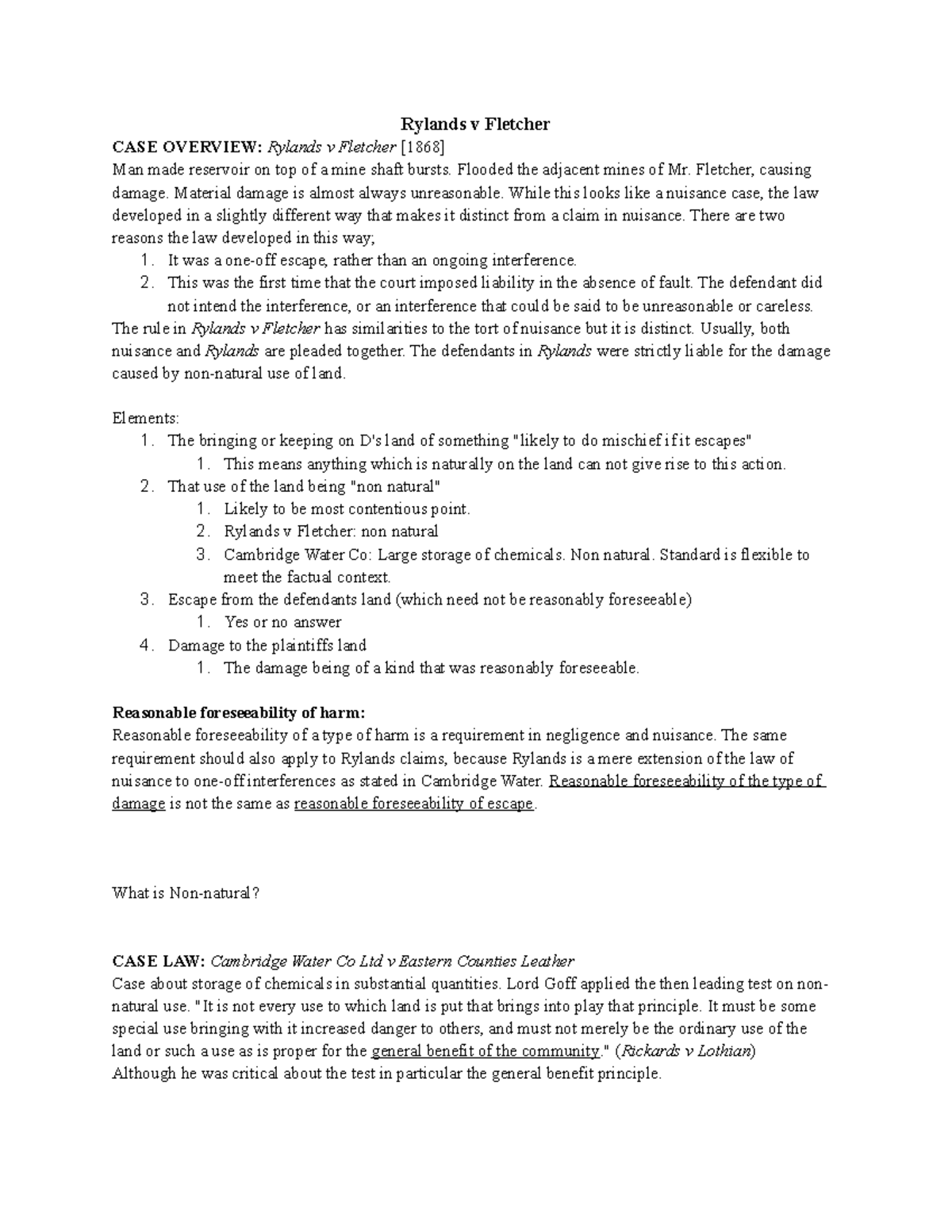 Rylands v Fletcher and ACC - Rylands v Fletcher CASE OVERVIEW: Rylands ...