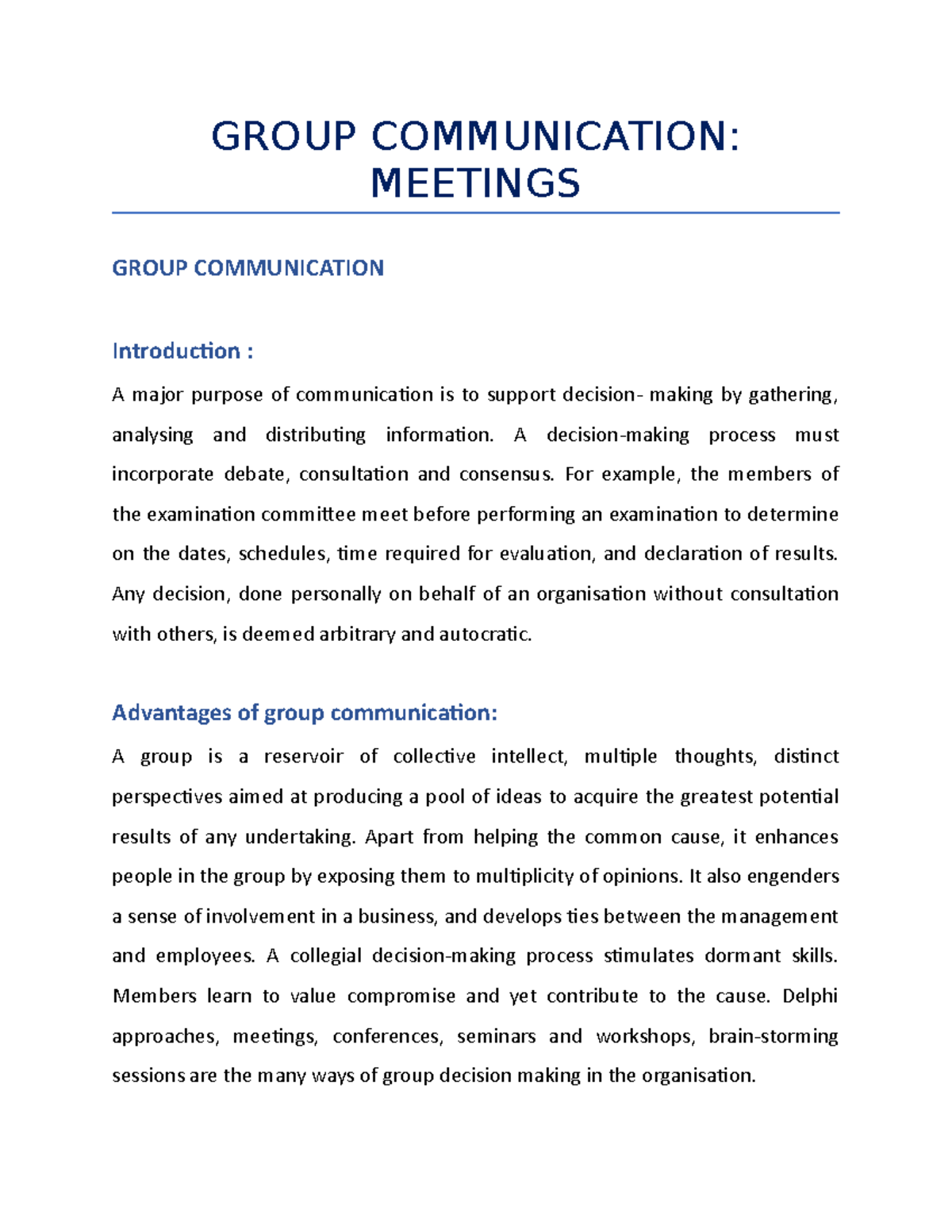 Group Communication Meetings - GROUP COMMUNICATION: MEETINGS GROUP ...