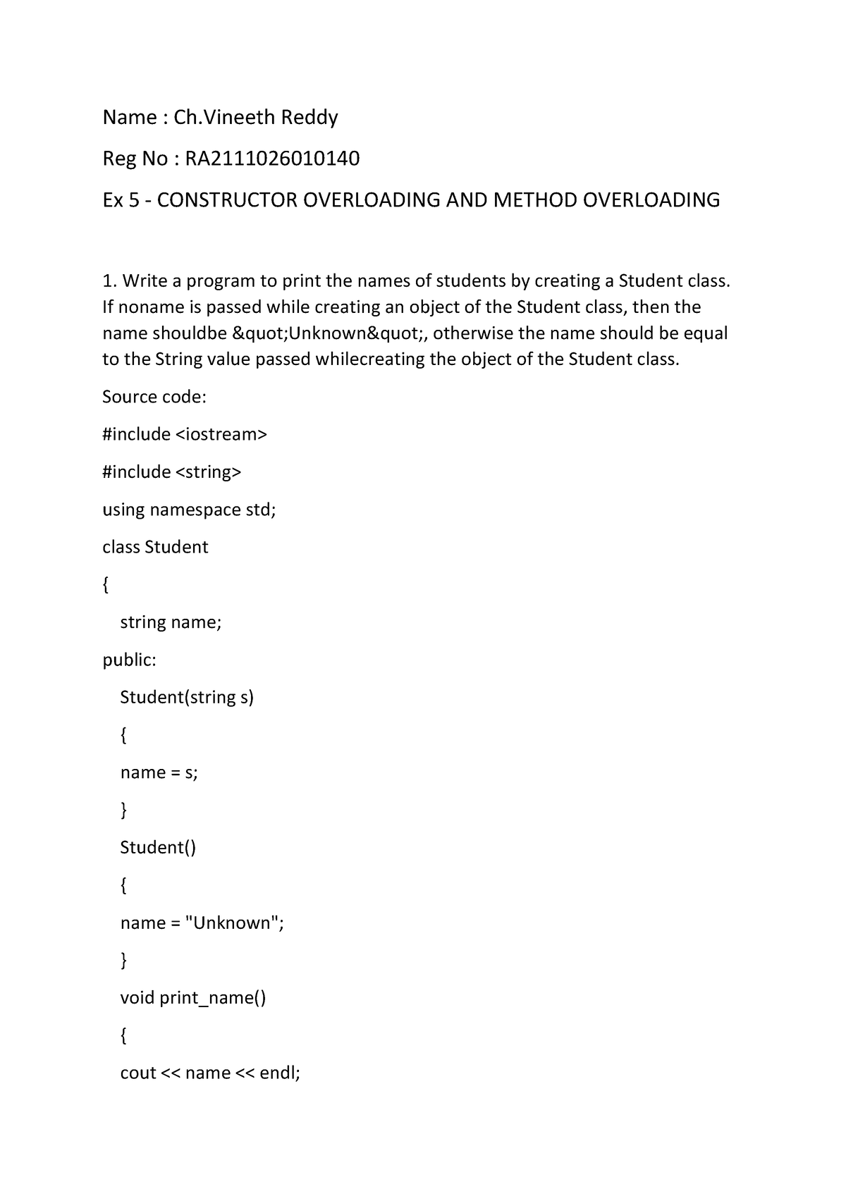 Oodp Week 5 - Assignment -5 - Name : Ch Reddy Reg No : RA Ex 5 ...