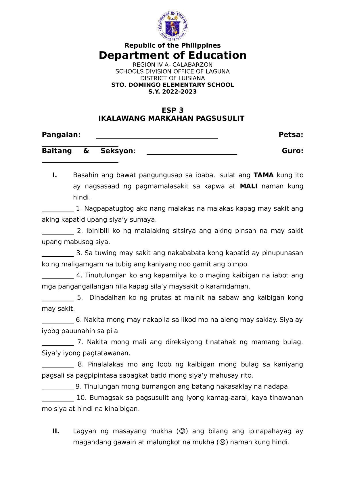 Second Periodical TEST IN ESP 3 - Republic Of The Philippines ...