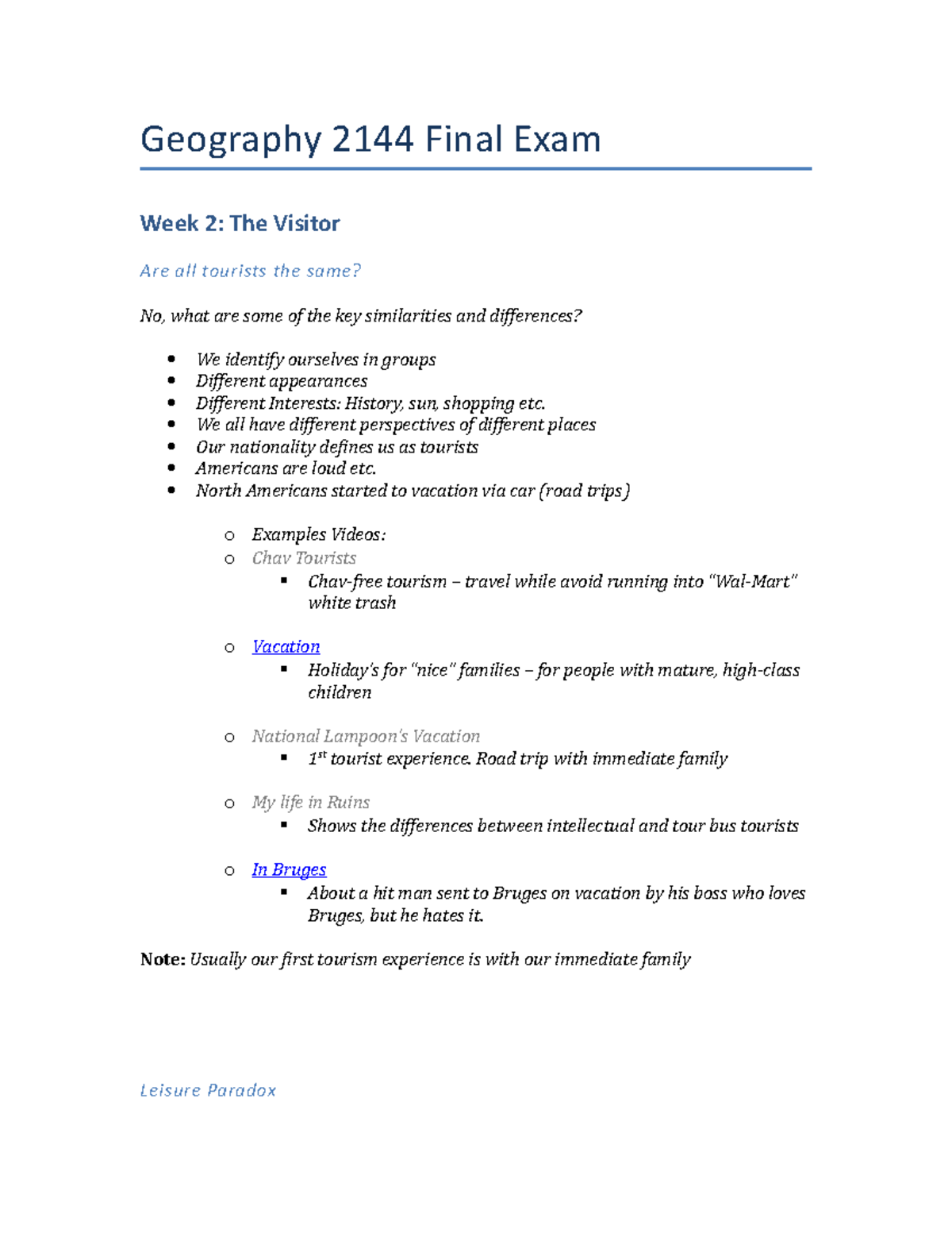 Docx - final notes - Geography 2144 Final Exam Week 2: The Visitor Are ...
