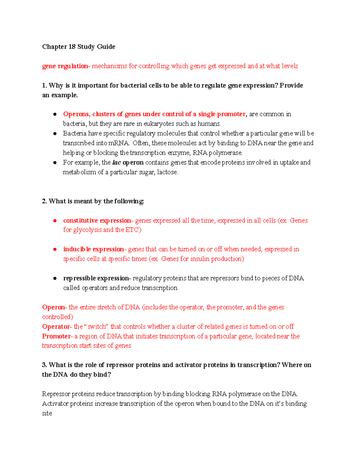 Chapter 18 Biology Study Guide - Chapter 18 Study Guide Gene Regulation ...