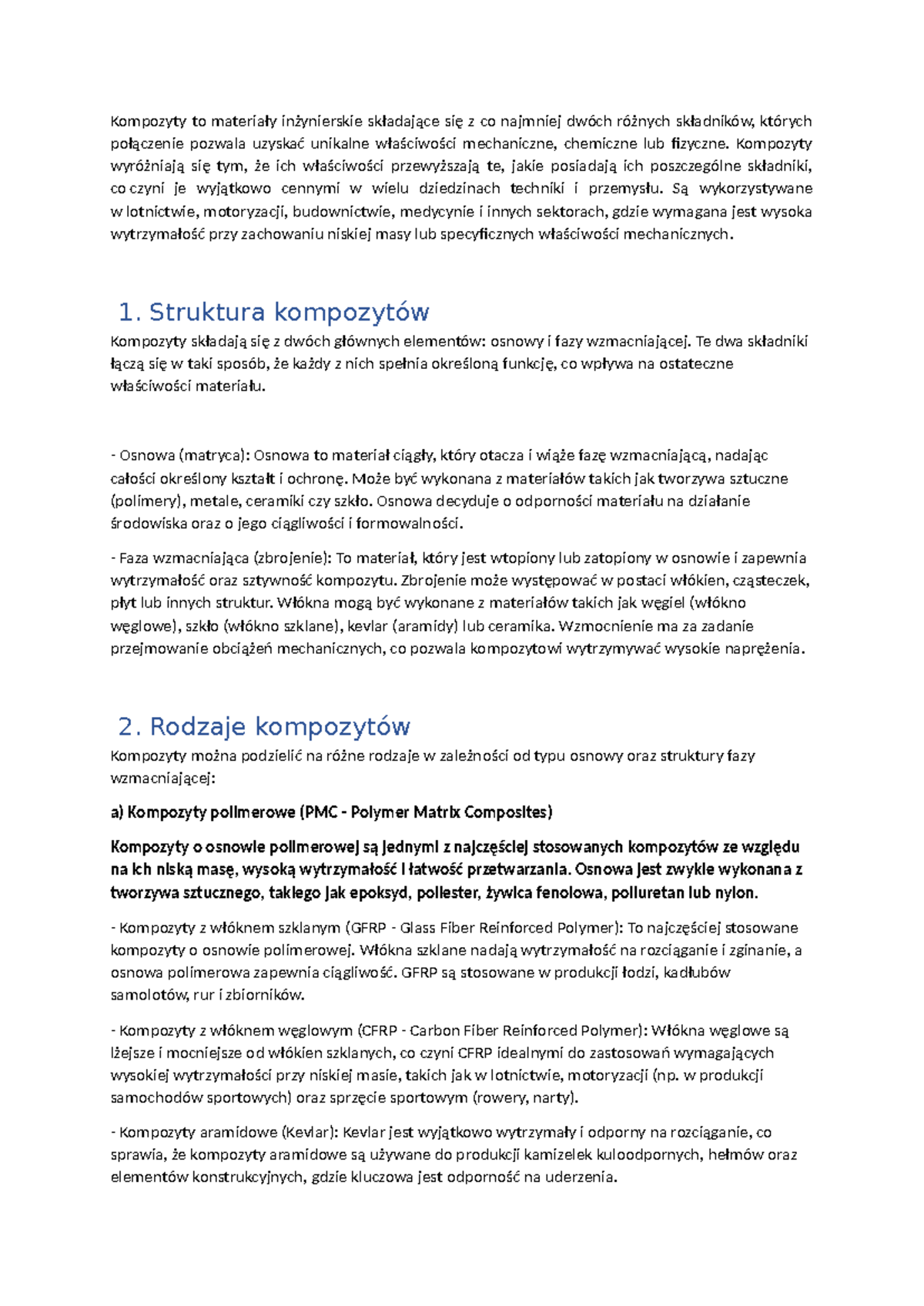 Kompozyty - Notatki - Kompozyty to materiały inżynierskie składające ...