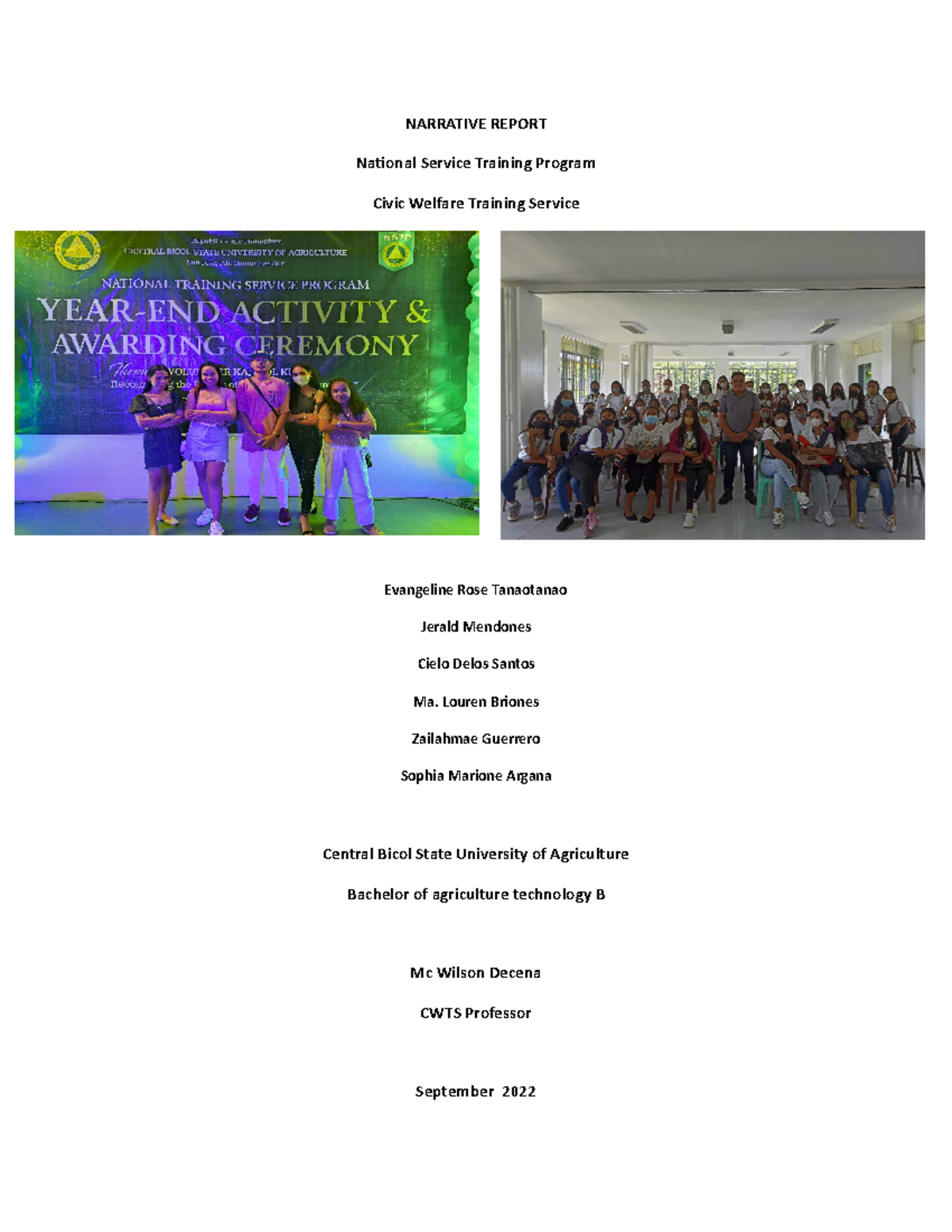 Cwts Narrative Nstp Narrative Report National Service Training