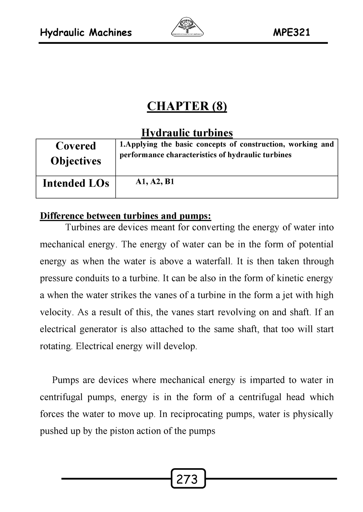 Chapter (8) Hydraulic Turbines - CHAPTER (8) Hydraulic turbines Covered ...