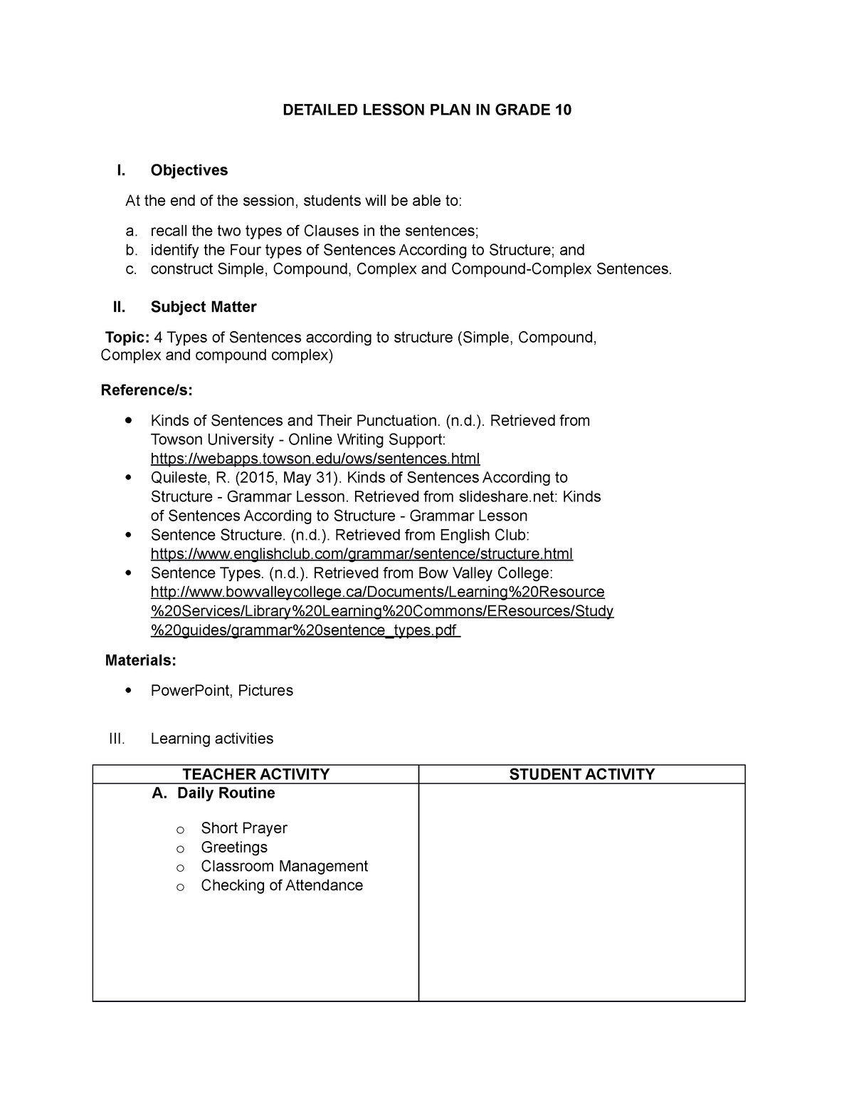 Lesson Plan Types Of Sentences According To Structur Revised DETAILED 