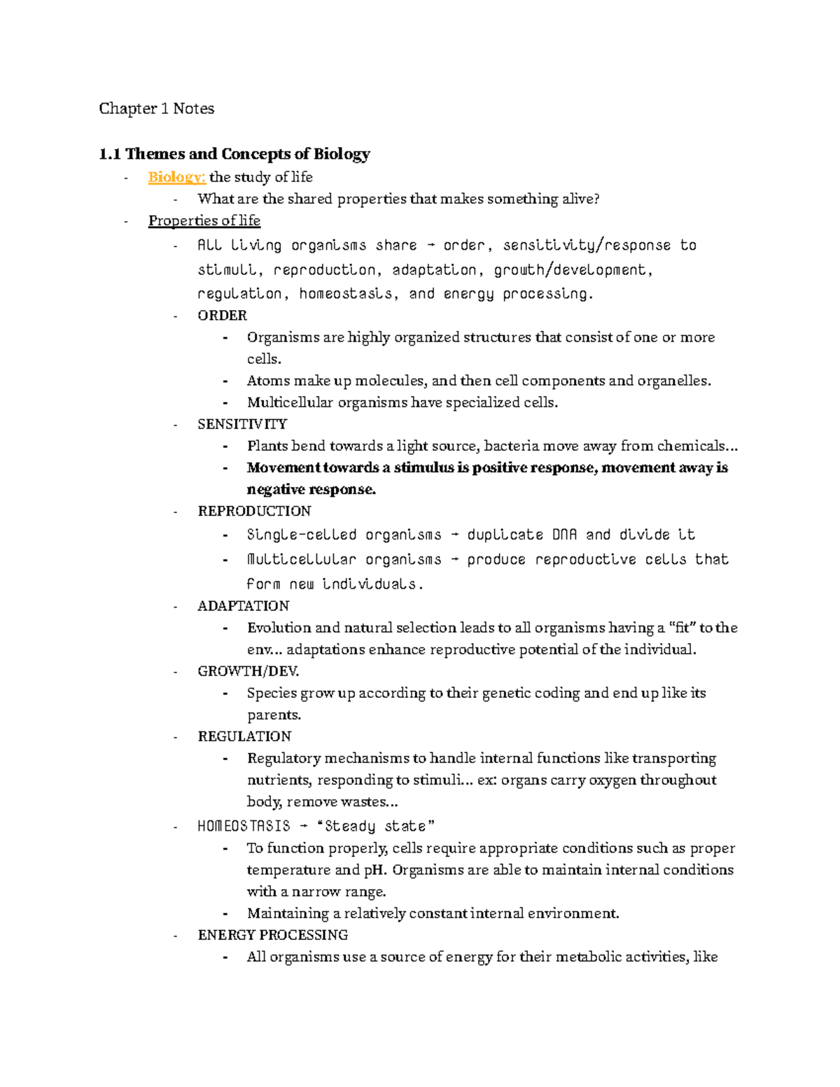 LS7A Chapter 1 Notes - Chapter 1 Notes 1 Themes and Concepts of Biology ...