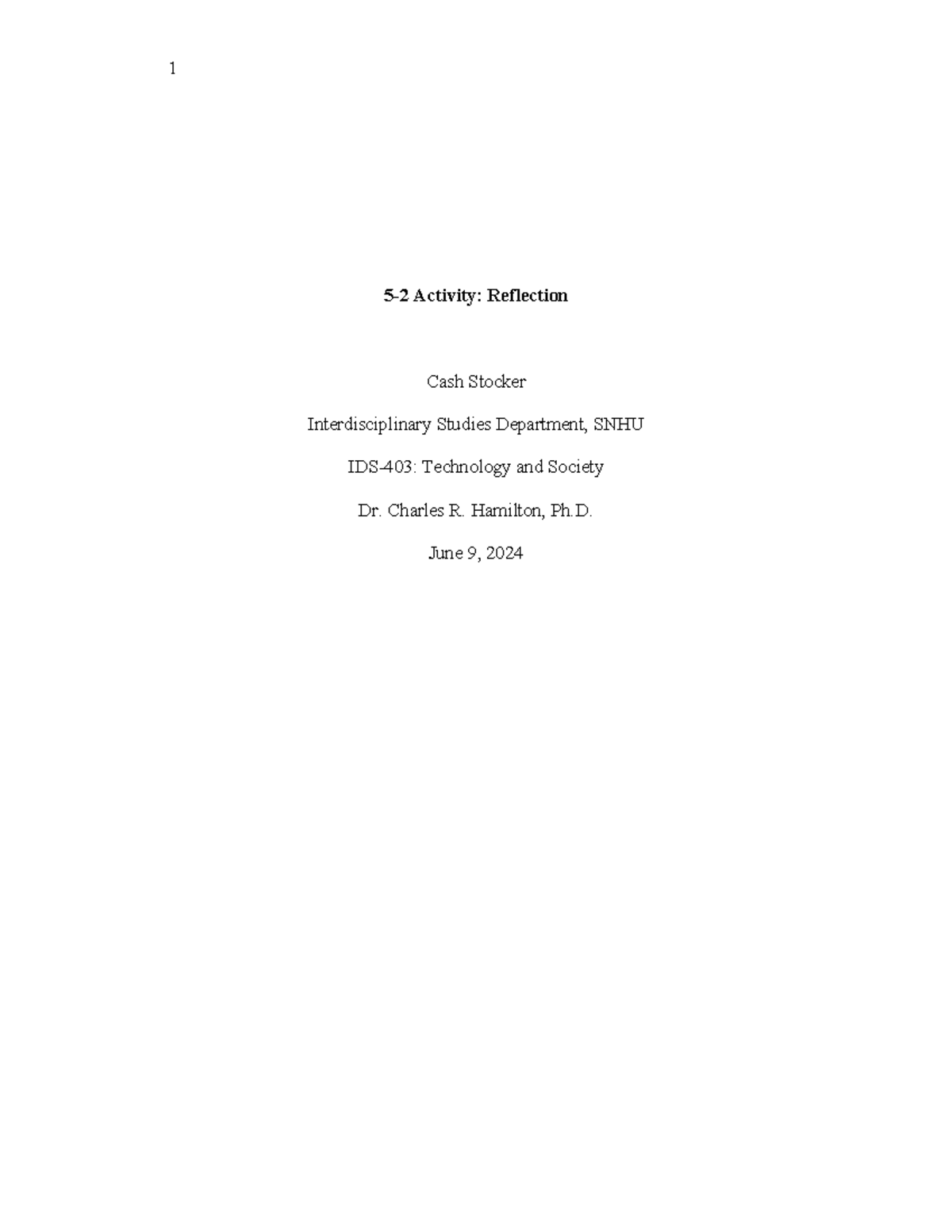 IDS-403 Activity 5-2 - Stocker - 5-2 Activity: Reflection Cash Stocker ...