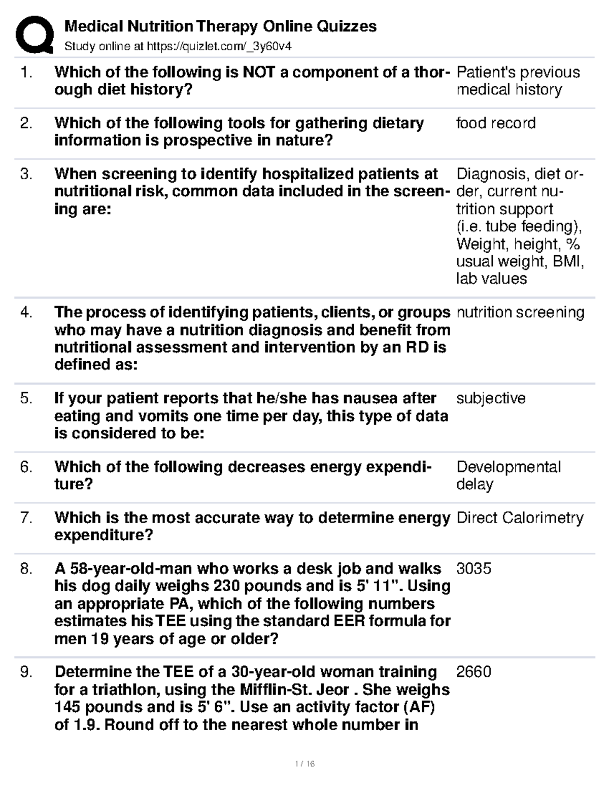 Medical Nutrition Therapy Online Quizzes - Study online at quizlet ...