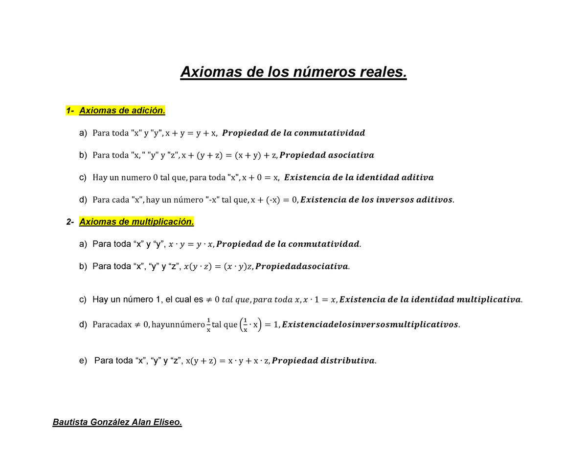 Formulario De Axiomas De Los Numeros Reales - Matematicas - ITQ - Studocu