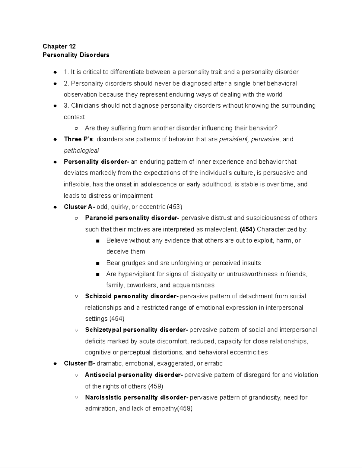 Chapter 12 Notes - Chapter 12 Personality Disorders 1. It is critical ...