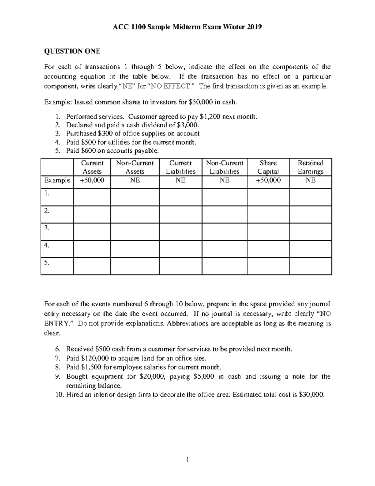 Midterm Exam 27 Winter 2019, questions and answers - ACC 1100 Sample ...