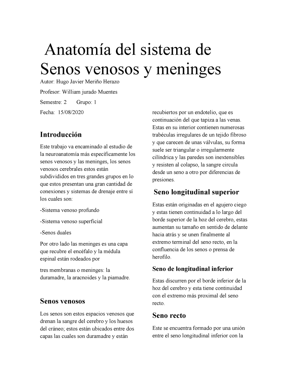 Trabajo De Meninges Y Senos Venosos Anatomía Del Sistema De Senos Venosos Y Meninges Autor 2917