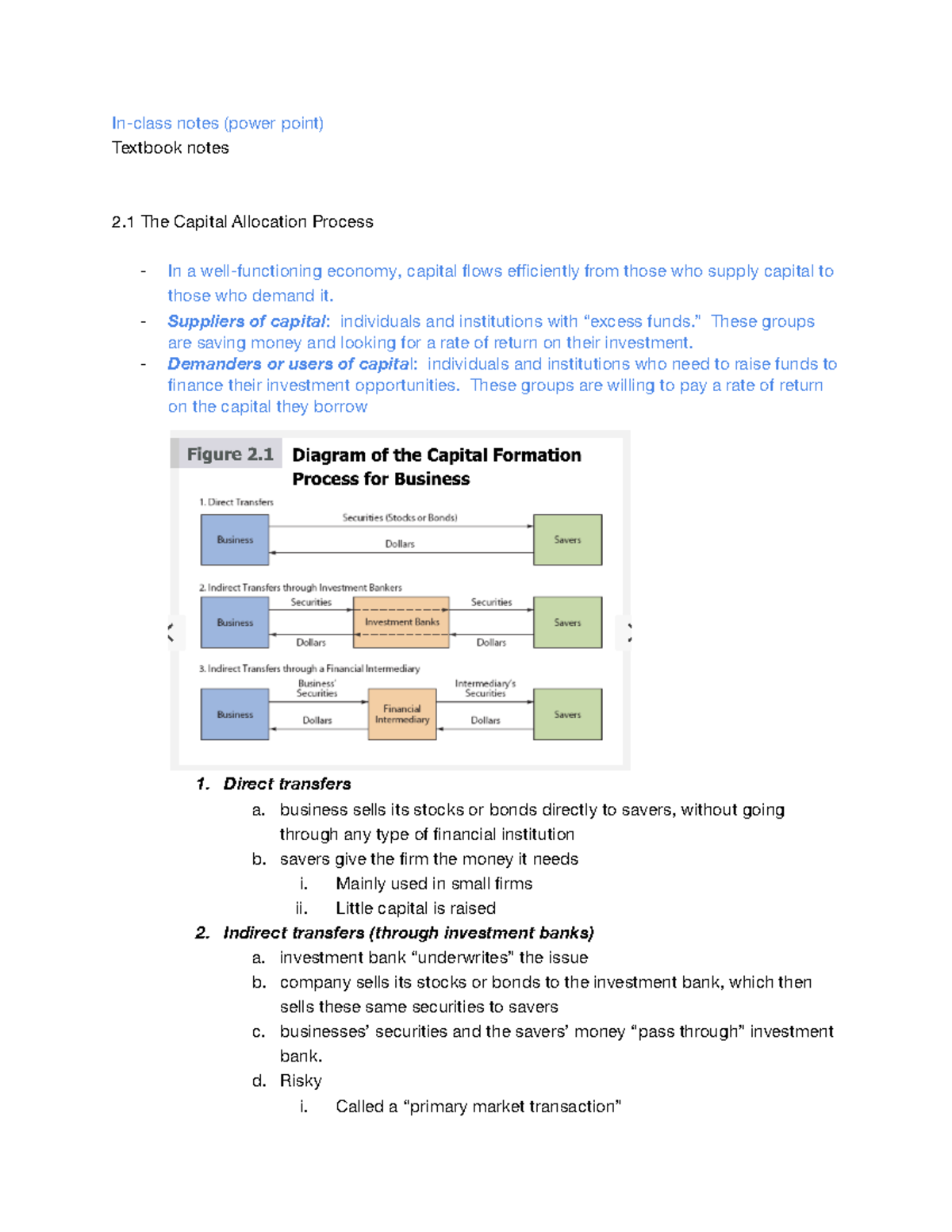 Chapter 2 - financial markets + institutions - In-class notes (power ...