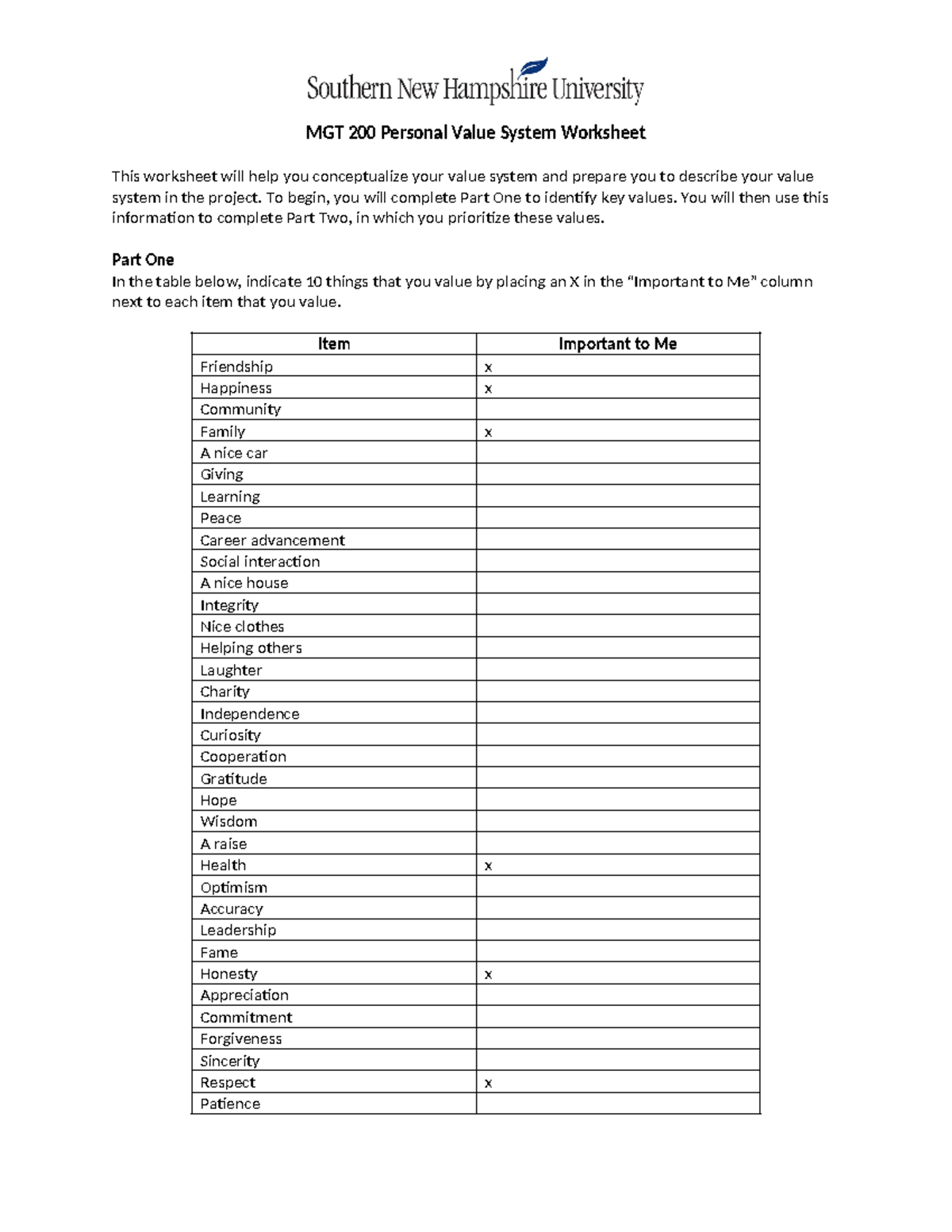 MGT 200 Personal Value System Worksheet - MGT 200 Personal Value System ...