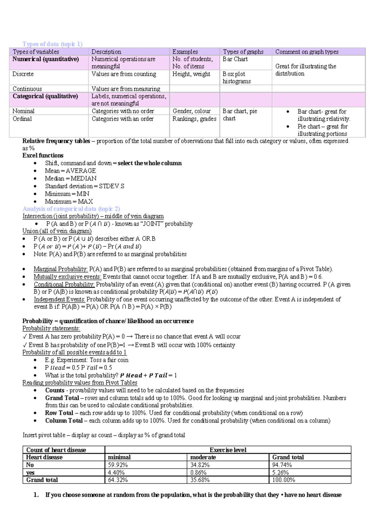 Exam notes - business stats - Types of data (topic 1) Types of ...