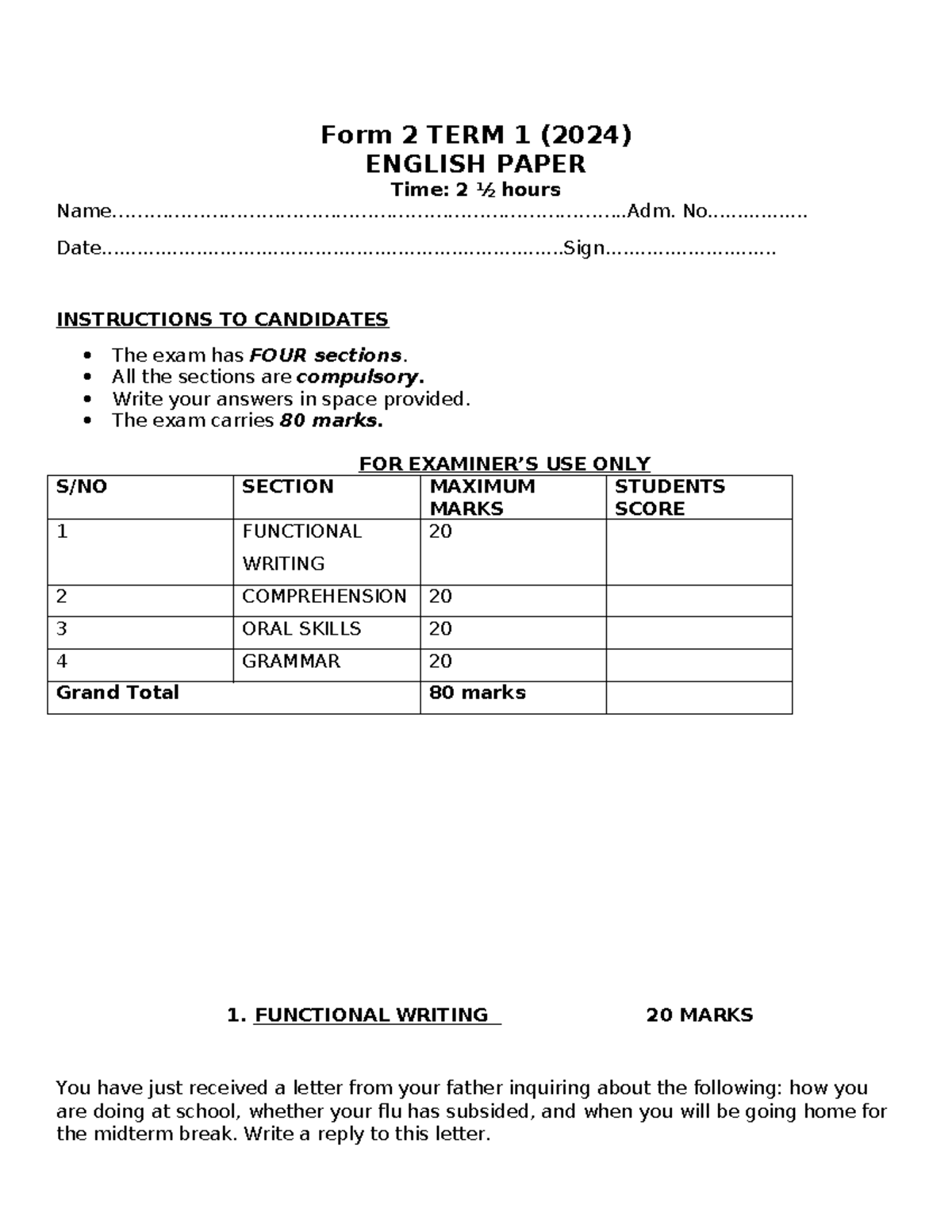 English Form 2 Exam Term 1 QN - Form 2 TERM 1 (2024) ENGLISH PAPER Time ...