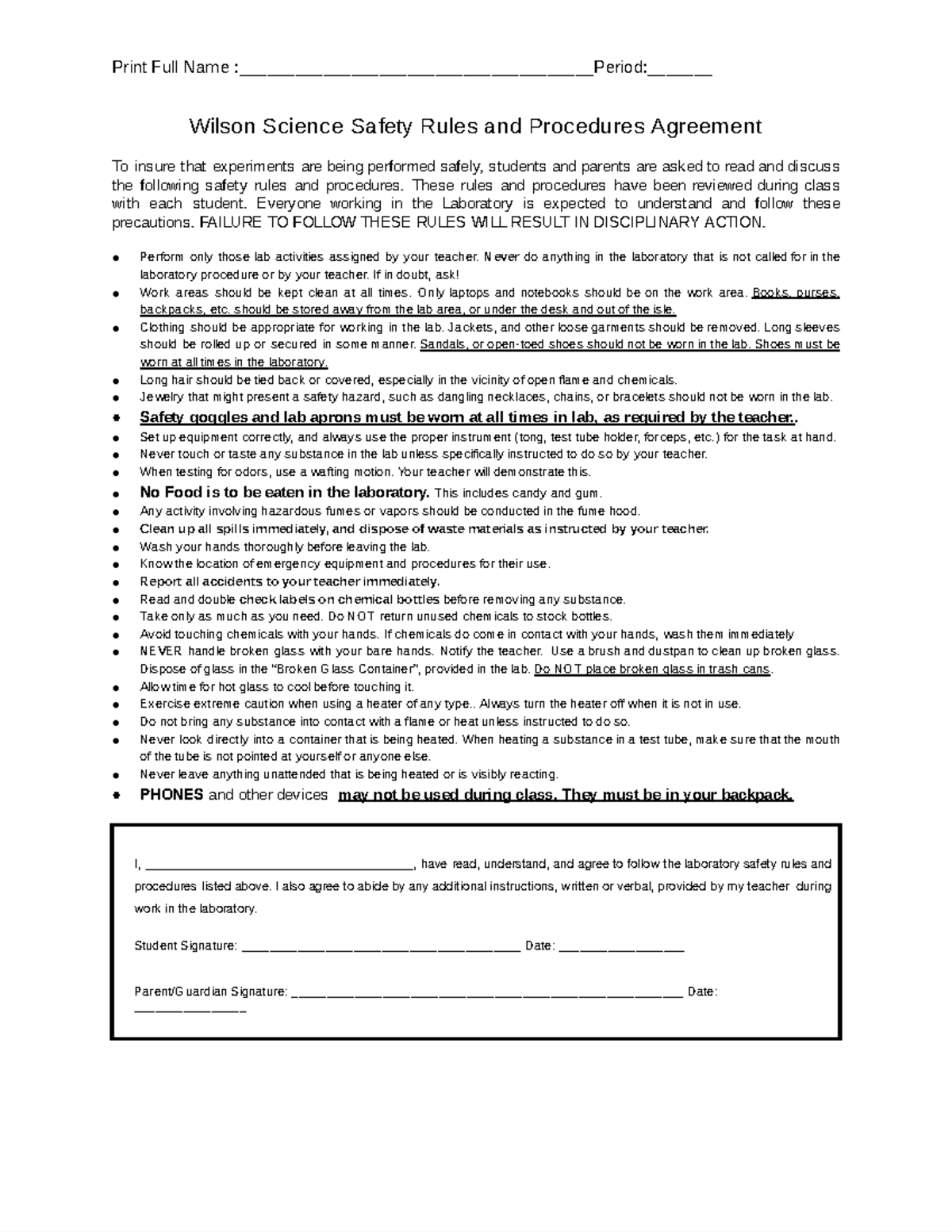 Lab Safety Contract 202021 Google Docs Print Full Name