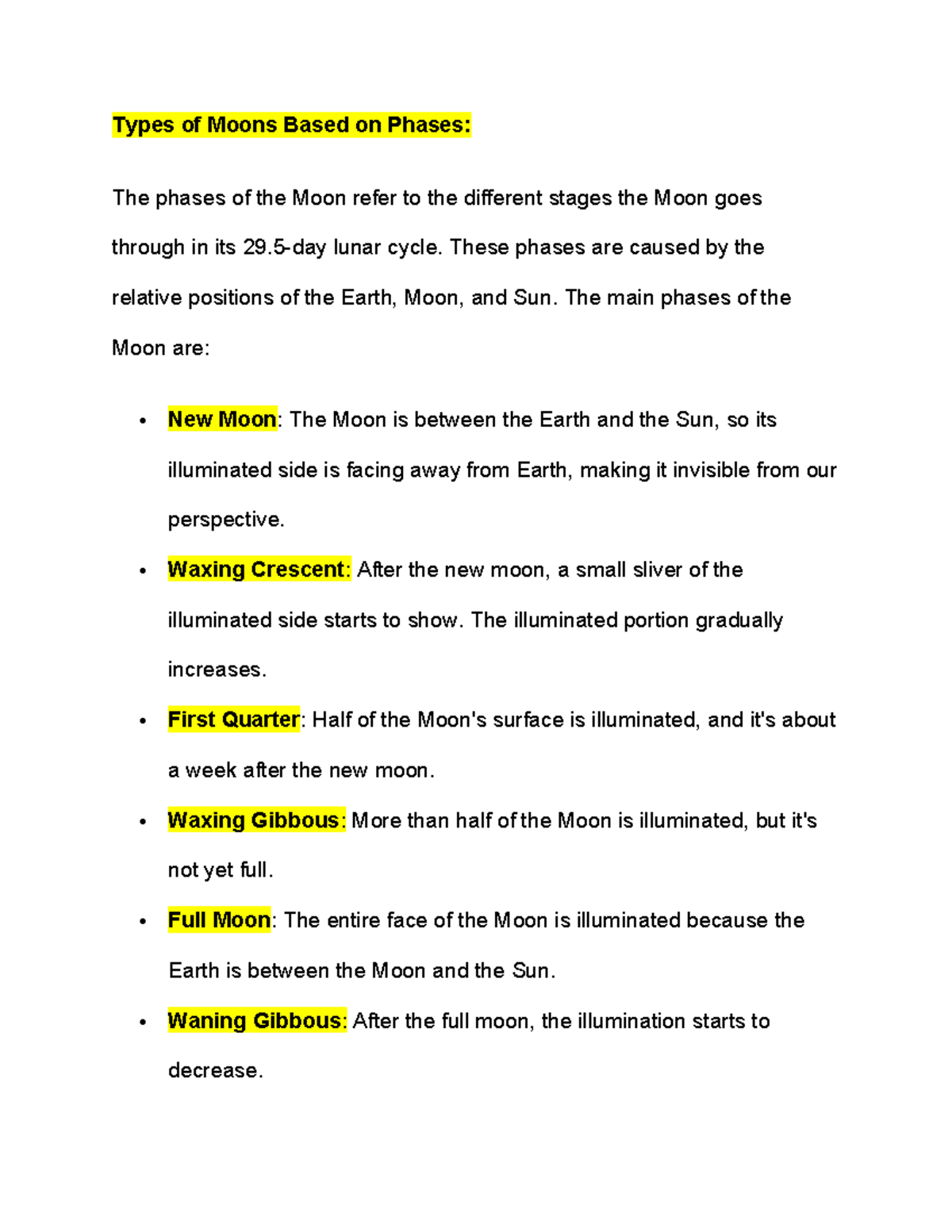 TYPES OF MOON REVIEWER - Types of Moons Based on Phases: The phases of ...