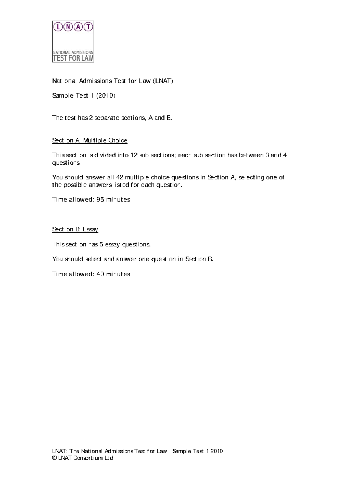 Practice Test 2010 paper 1 - LNAT: The National Admissions Test for Law ...