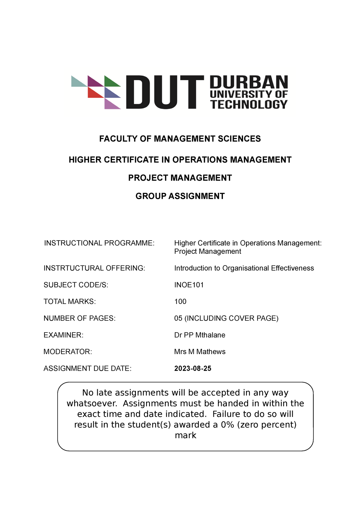 dut cover page for assignment