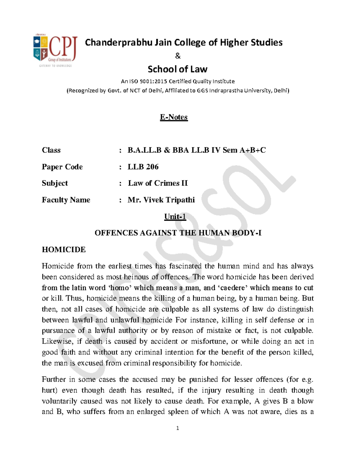 Unit-1 Law Of Crimes E-Notes LLB 206 - & School Of Law An ISO 9001:2015 ...