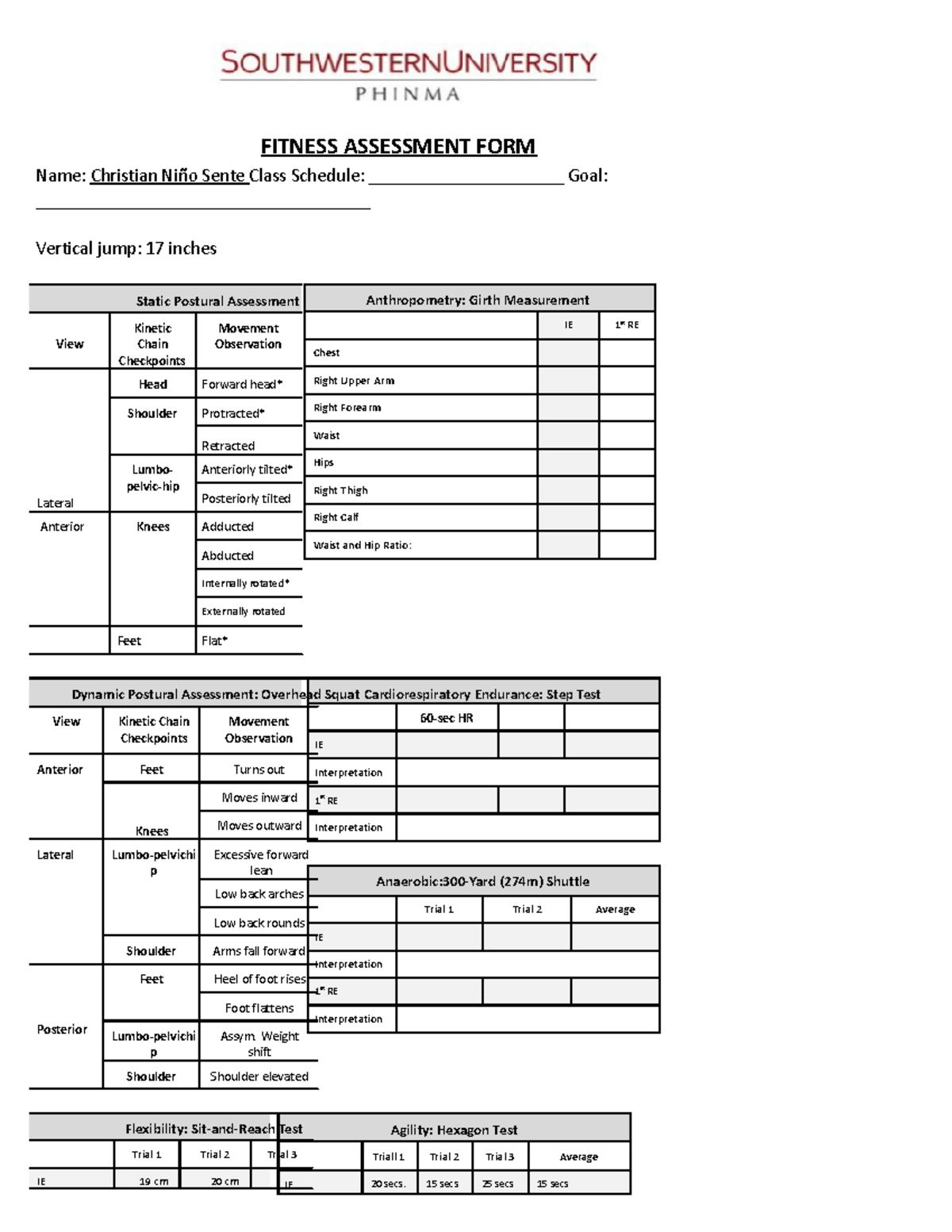 PE 2 - Notes - FITNESS ASSESSMENT FORM Name: Christian Niño Sente Class ...