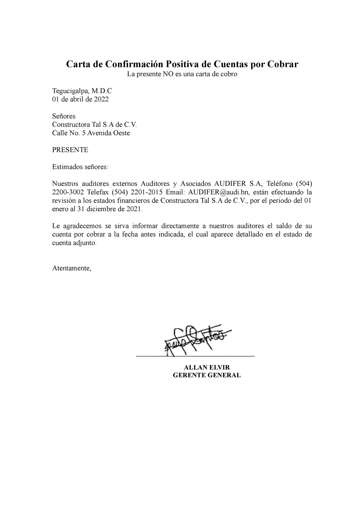 Carta confirmatoria de cuentas por cobrar - Carta de Confirmación Positiva  de Cuentas por Cobrar La - Studocu