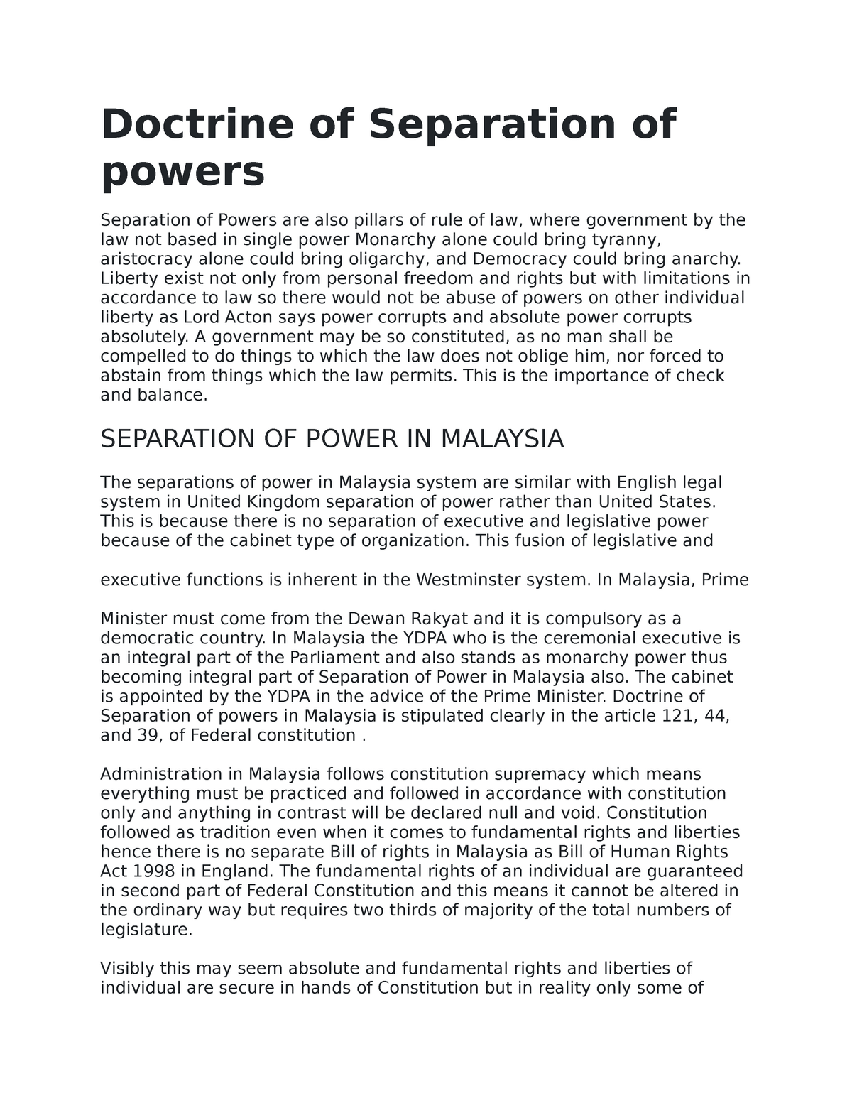 separation of powers essay conclusion