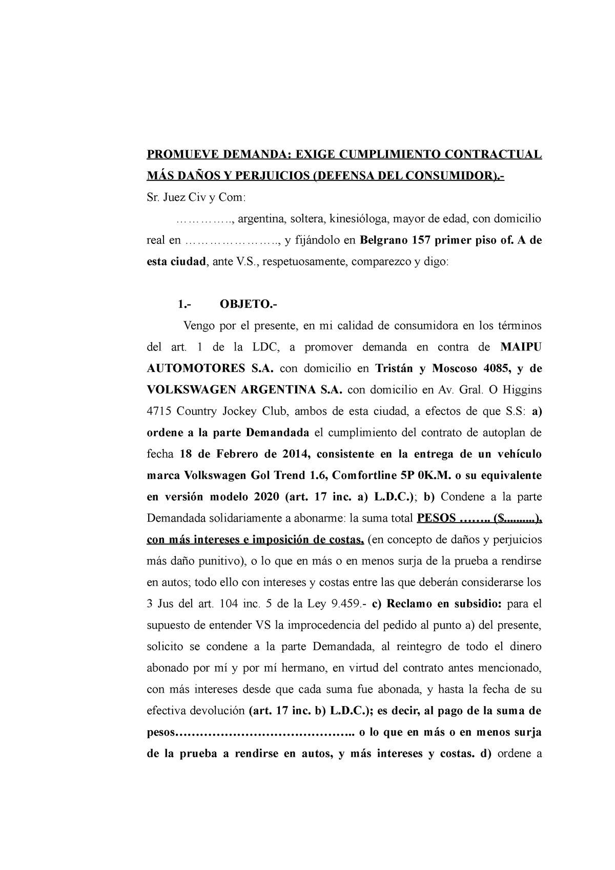 Demanda Modelo Promueve Demanda Exige Cumplimiento Contractual MÁs DaÑos Y Perjuicios 5715